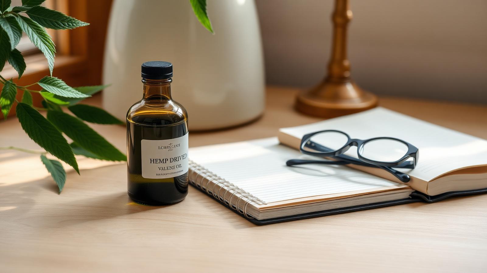 Amber tincture bottle and notebook on a wooden surface
