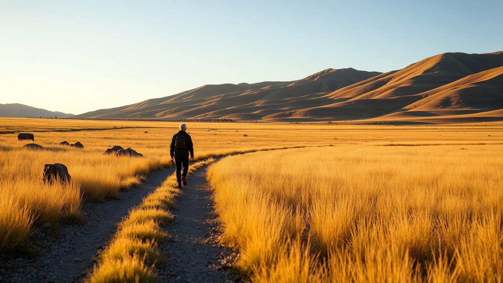 Person walking a gravel path through golden prairie grass toward Colorado foothills