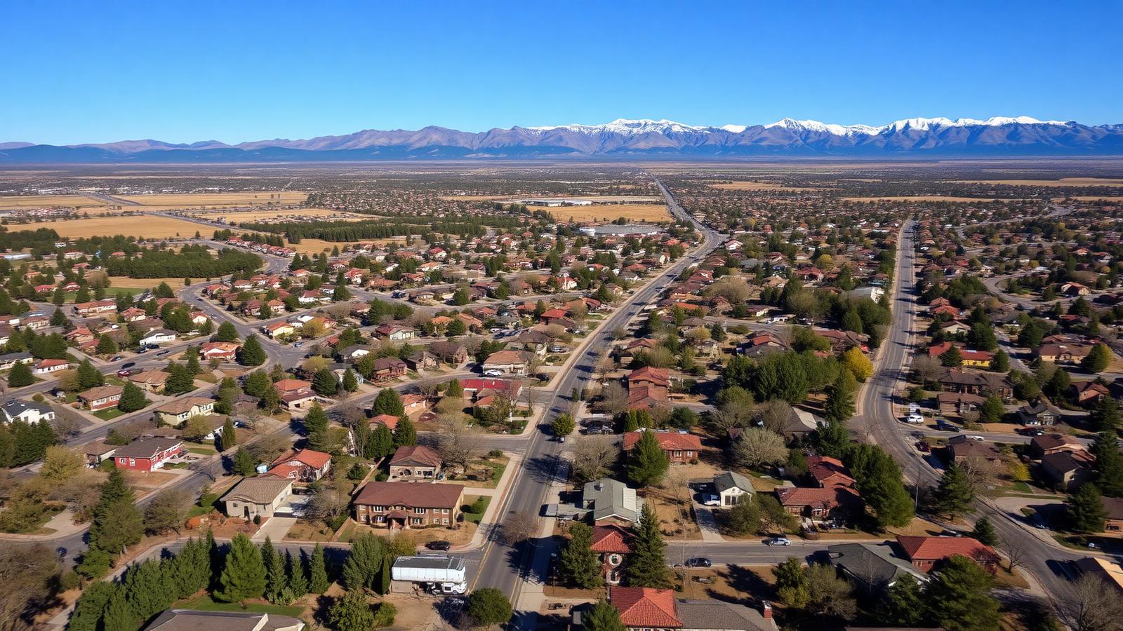 Aerial view of Colorado Springs neighborhoods with tree-lined streets and the Front Range on the horizon