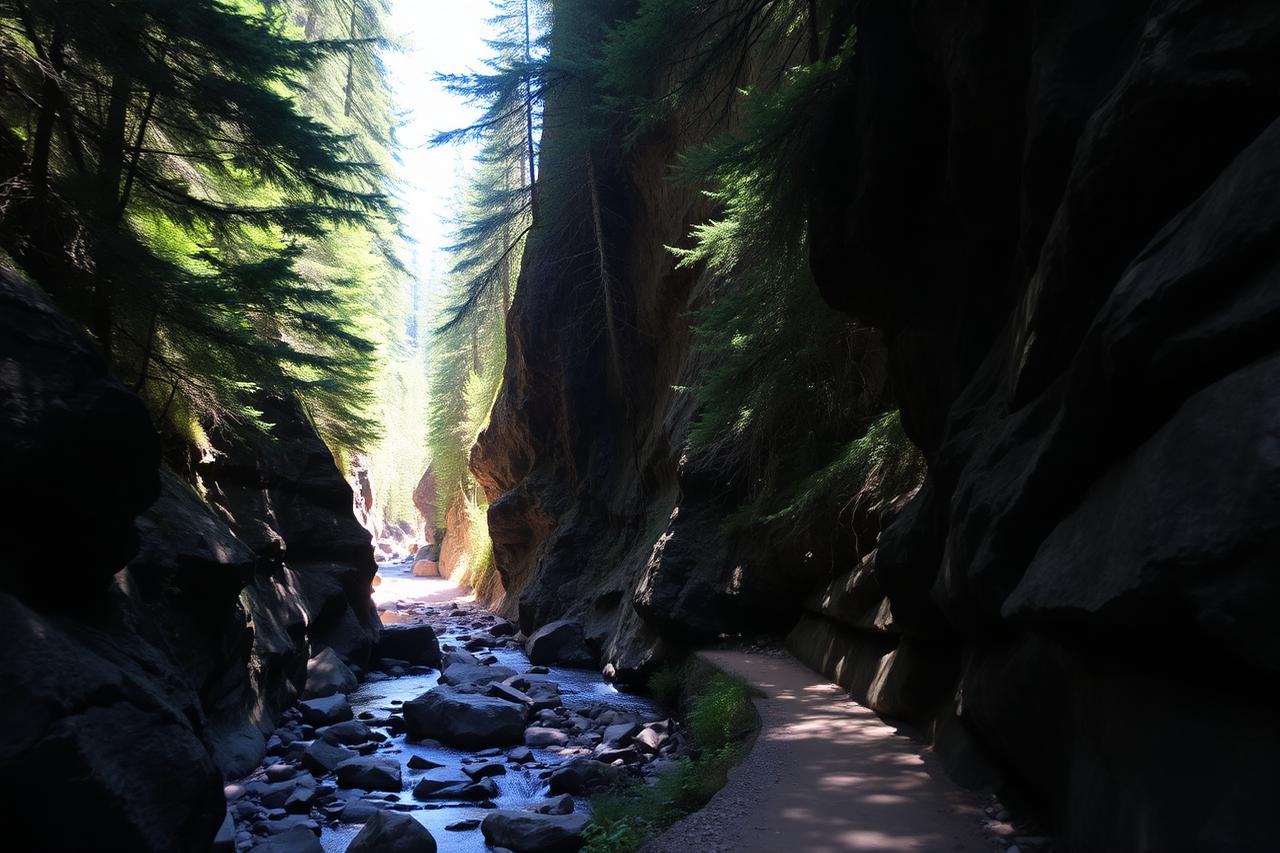 Shaded canyon trail beside a creek