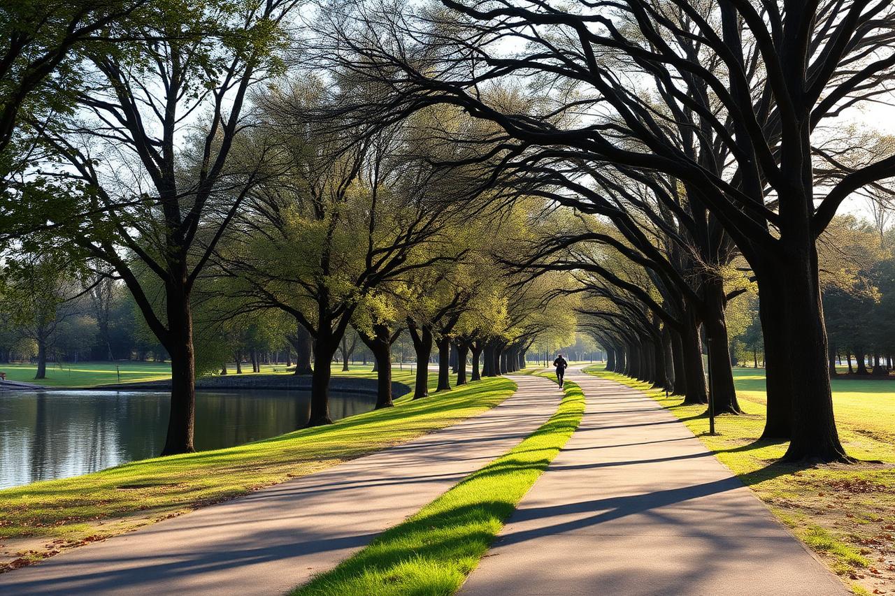 Paved creekside path shaded by mature trees in a city park