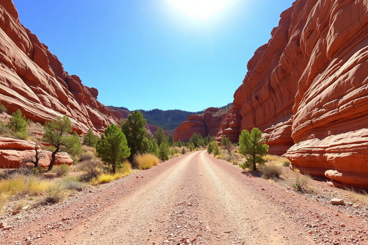 Red rock canyon walls and gravel trail