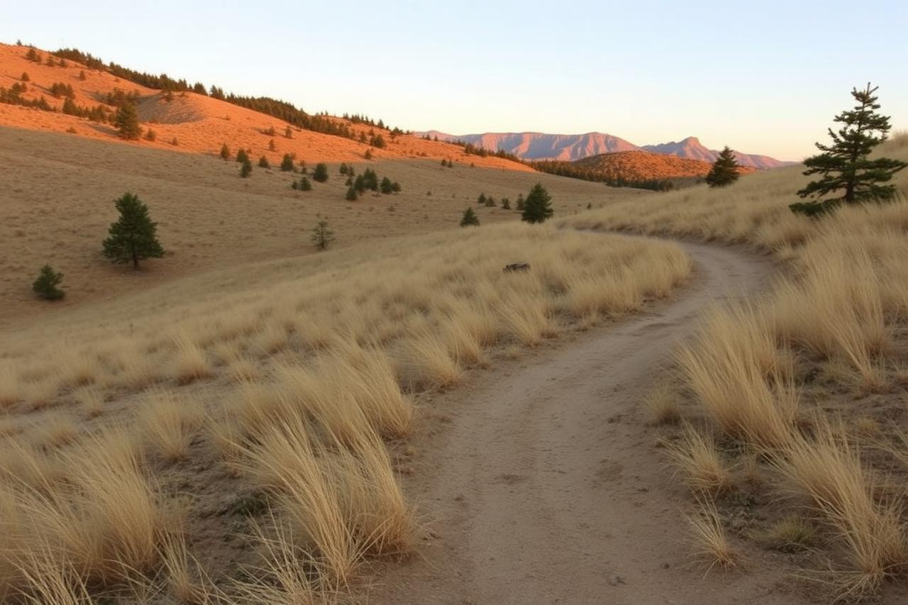 Wide natural-surface trail curving through scrubby foothills under an open sky