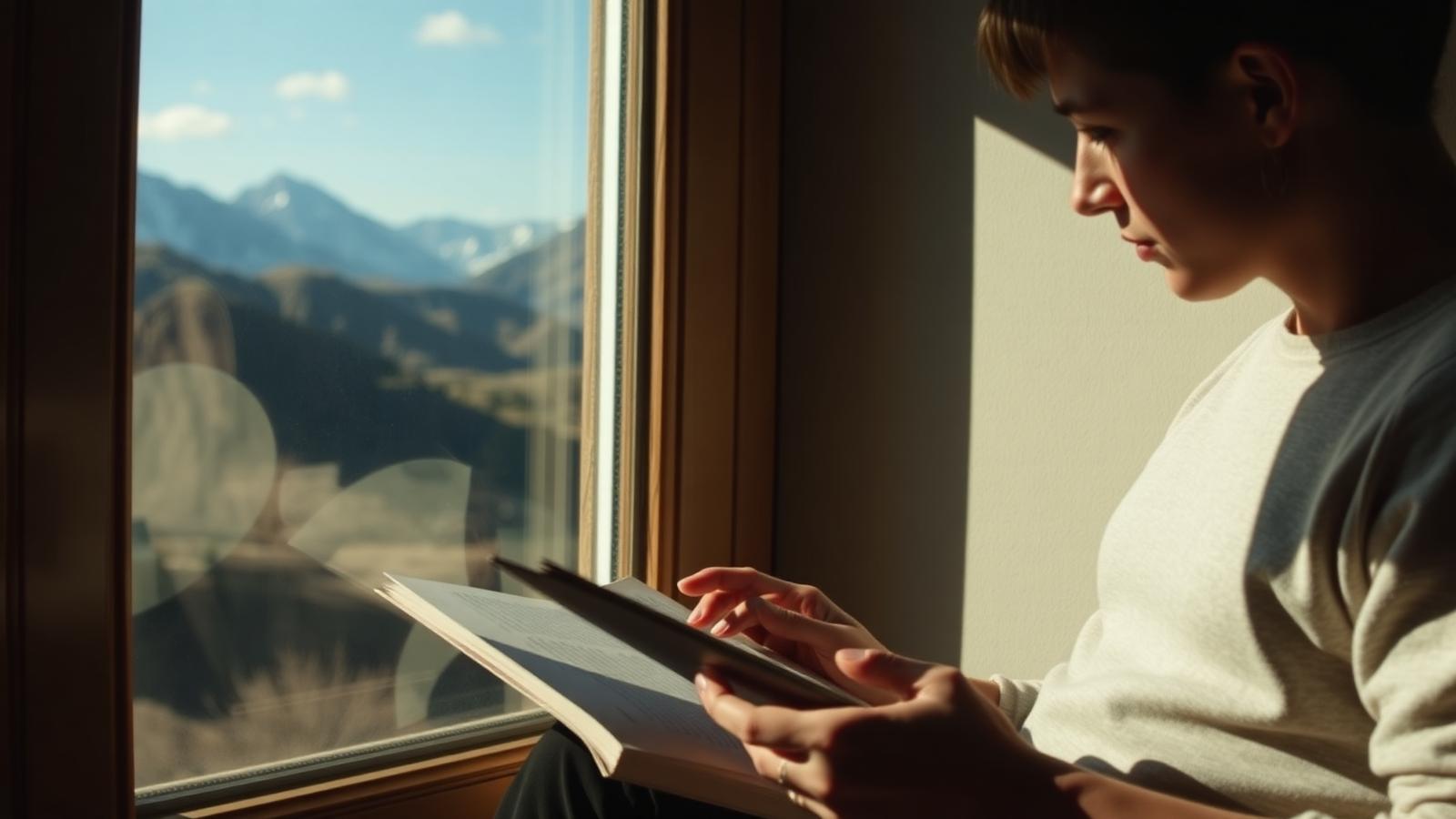 Person reading beside a window with a view of Colorado mountains