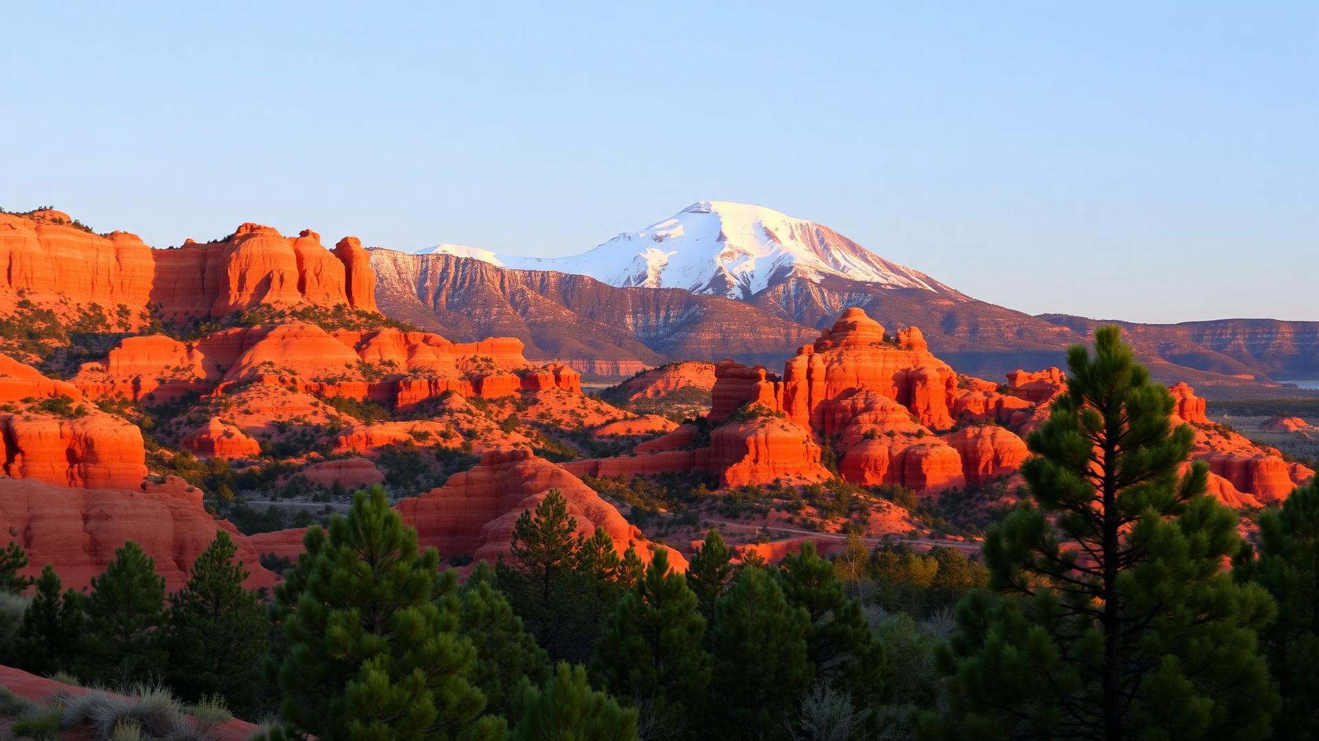 Red sandstone formations and a snow-dusted Pikes Peak on the Colorado Front Range at golden hour